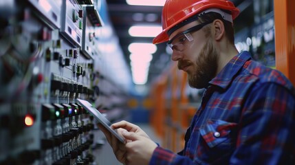 Electrical technician man working on switchboard with fuses using tablet for maintenance and diagnostics in industrial setting