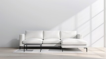 A modern minimalist living room with a sectional sofa and a low-profile coffee table emphasizing the beauty of simplicity and open space Illustration, Image, , Minimalism,
