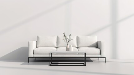 A modern minimalist living room with a sectional sofa and a low-profile coffee table emphasizing the beauty of simplicity and open space Illustration, Image, , Minimalism,