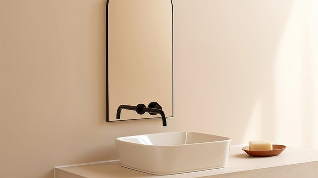 A serene bathroom with minimalist fixtures and a neutral color scheme creating a spa-like atmosphere perfect for relaxation and rejuvenation Illustration, Image, , Minimalism,