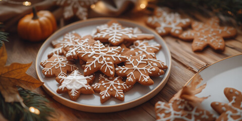 Fototapeta premium Gingerbread cookies photo with icing , closeup indoors cozy kitchen soft warm light natural tones , festive plate autumn-themed kitchen accessories brown and white hues