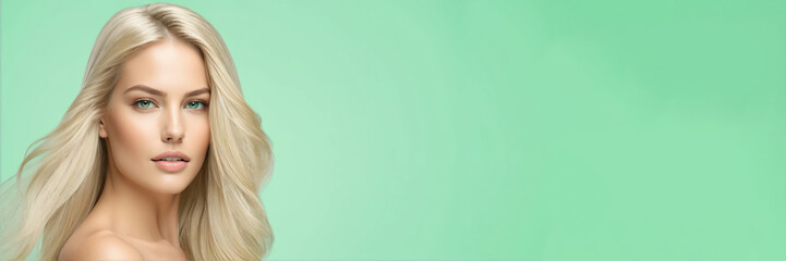 Naklejka premium Flawless blonde with an elegant hairstyle of long hair on mint background with copy space.
