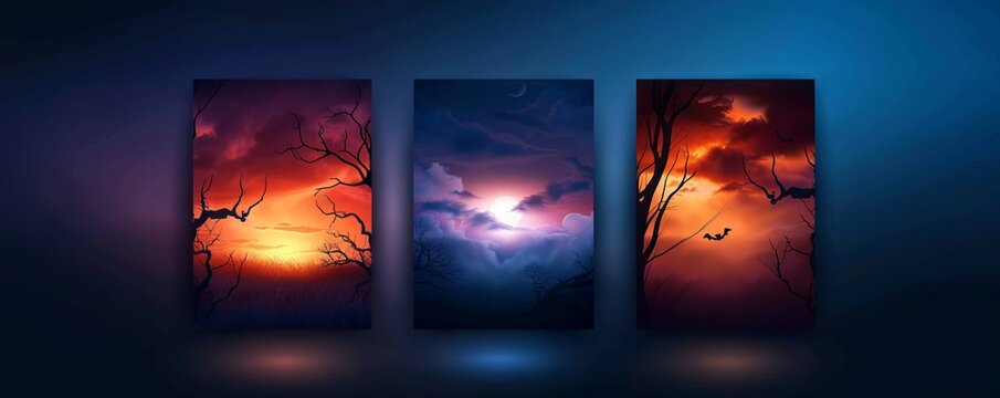 Vibrant triptych artwork with surreal landscapes depicting dreamy, colorful twilight and night scenes. Ideal for creative and artistic projects.