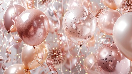 Elegant Celebration Decor with Rose Gold and Pink Balloons, Glitter, and Ribbons