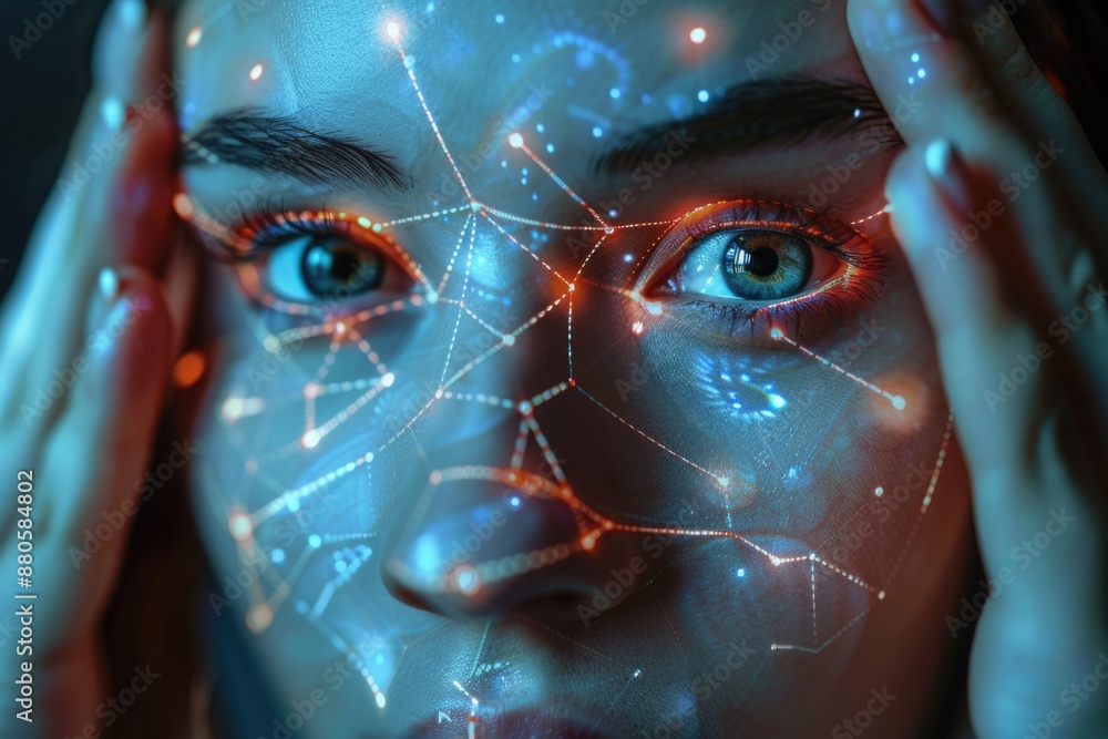 Poster a close-up shot of a person with a futuristic-inspired facial design, suitable for use in sci-fi or 
