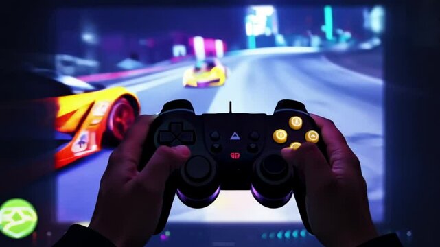 Hand with controller or racing wheel. Player video computer pc. speed racing game station holding joystick. Streamer man wearing headphone playing racing game online in the darkroom. 