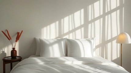 A serene bedroom with minimal furnishings and a calming color palette creating a peaceful and restful environment ideal for a good night's sleep Illustration, Image, , Minimalism,
