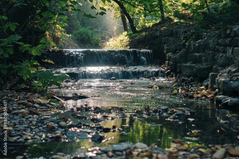 Poster sunlight sparkling on the surface of a small waterfall cascading over rocks in a lush green forest