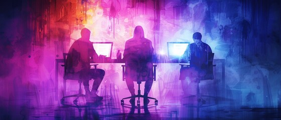 Haunted responsive tech workspace with ghostly figures and flickering lights, dark ambiance, Cyberhorror, Watercolor, Creepy and engaging