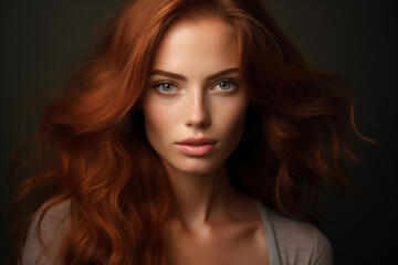 Portrait of a woman with long red hair. Studio shot of model face. Generative AI	
