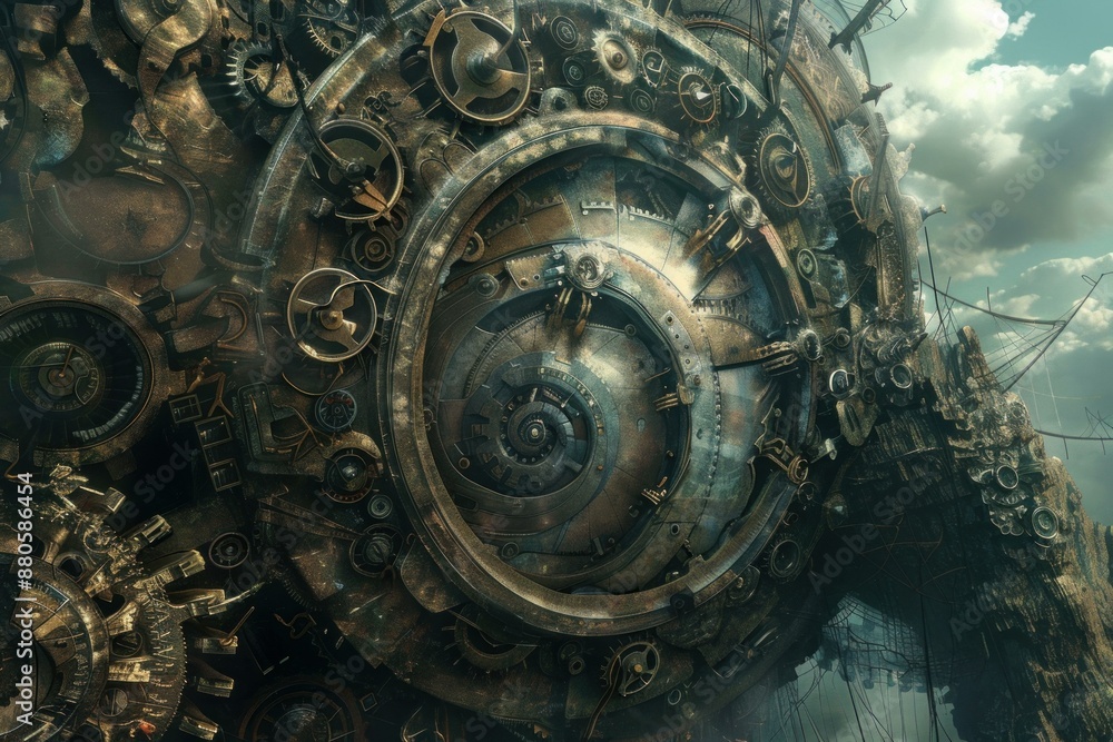 Poster captivating steampunk inspired illustration showcasing a complex mechanism with intricate gears and 