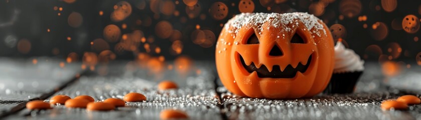 Handmade pumpkinshaped candies with custom designs, warm candlelight, Halloween, Illustration, Charming and sweet