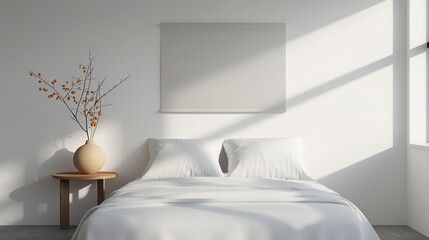 A serene bedroom with minimal furnishings and a calming color palette creating a peaceful and restful environment ideal for a good night's sleep Illustration, Image, , Minimalism,