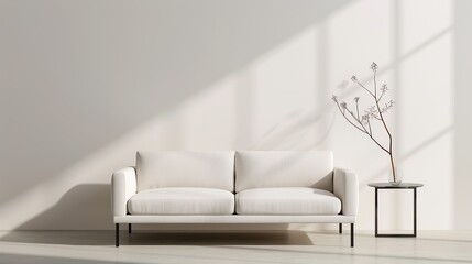A modern minimalist living room with a clean-lined sofa and a low-profile coffee table emphasizing the beauty of simplicity and open space Illustration, Image, , Minimalism,