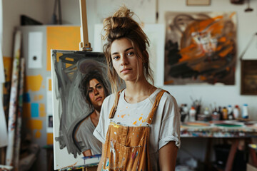 Young woman with a focused expression wearing overalls is painting on a canvas in an art studio, surrounded by artistic tools and creations, depicting creativity and dedication.