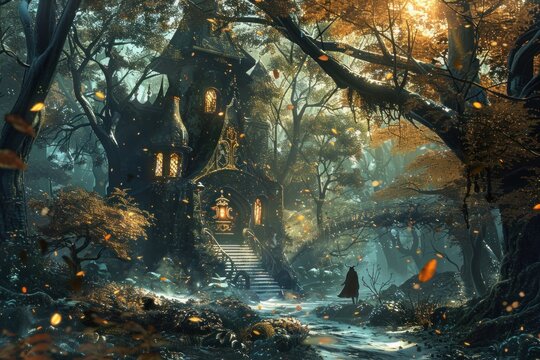 Mysterious figure wearing a horned cloak standing in front of a magical house deep in an autumnal forest - Powered by Adobe