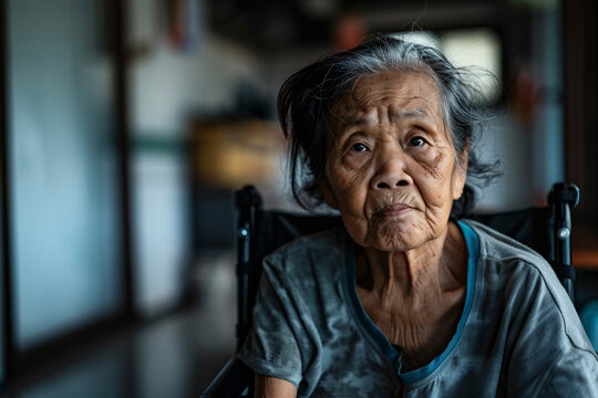 An elderly woman with grey hair wearing a grey shirt, sitting and looking pensive indoors, capturing a moment of reflection and thoughtfulness in a quiet room.