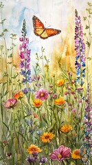 Monarch butterfly flies over wildflowers in a watercolor painting, capturing nature's beauty and tranquility