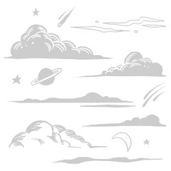 Gray png puffy clouds galactic doodle sticker