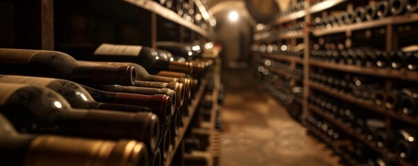 Naklejka premium Aging wine bottles in dim cellar evoke luxury and history
