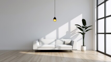 Fototapeta premium A modern living room with a minimalist sofa and a large window providing an abundance of natural light and a sense of openness Illustration, Image, , Minimalism,