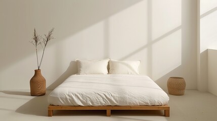 A cozy minimalist bedroom with a platform bed and simple decor creating a serene and uncluttered environment ideal for rest and relaxation Illustration, Image, , Minimalism,