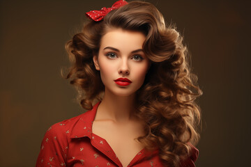 Fototapeta premium Attractive brunette woman in red in pin-up style. Looks into the camera. With space for text. Vintage styling. Ideal for advertising posters. Generative AI