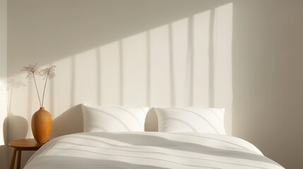 A serene bedroom with minimal furnishings and a calming color palette creating a peaceful and restful environment ideal for a good night's sleep Illustration, Image, , Minimalism,