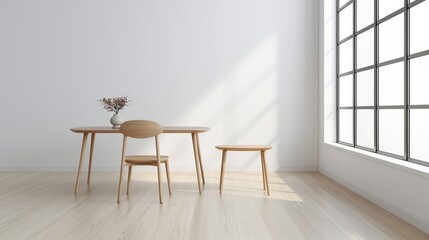 Fototapeta premium An elegant dining room with a minimalist table and chairs set against a backdrop of large windows creating a stylish and inviting space Illustration, Image, , Minimalism,