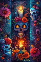 Fototapeta premium A vividly decorated skull featuring detailed floral designs and candles, symbolizing the celebratory and memorial aspects of Dia de los Muertos.