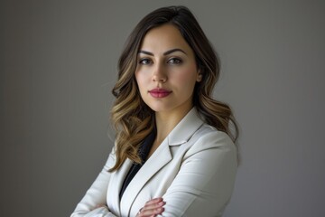 A stylish woman wearing a white jacket and black tie, suitable for formal events or business meetings
