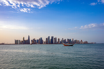 The Panoramic skyline of Doha, Qatar during sunrise