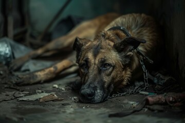 Abused dog lying on the ground with a chain around its neck