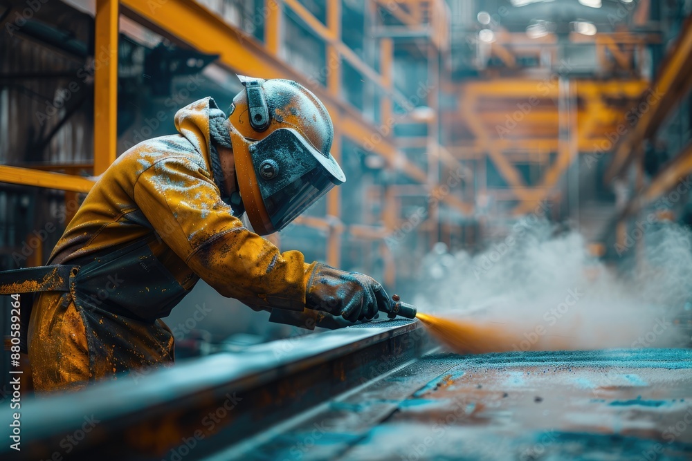 Poster worker in protective gear using tools in an industrial factory setting.