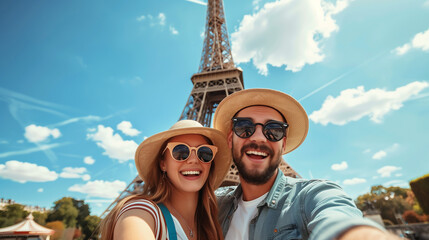 Fototapeta premium couple taking photo with camera in front of eiffel tower 