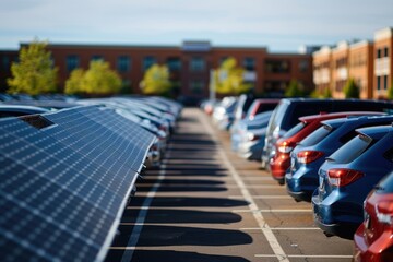 Obraz premium Solar panels installed over parking lot with parked cars for effective generation of clean energy