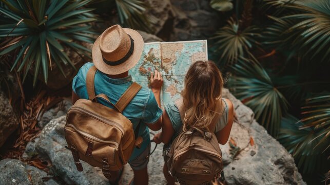 Travelers with backpacks reading a map in a lush tropical setting