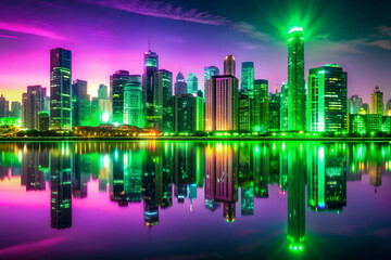 Fototapeta premium A city skyline is reflected in a body of water, with the buildings appearing to glow in the dark
