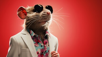 Stylish rat in a white summer suit and sunglasses poses against a red background, exuding cool confidence and modern elegance with a touch of humor