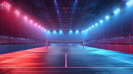 Volleyball court arena with bright stadium lights for night matches.