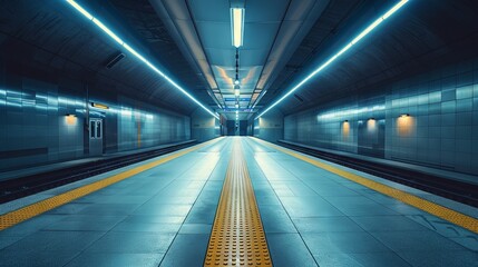 Fototapeta premium Declining commuter numbers. A deserted train station platform, illustrating reduction in commuting