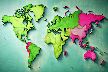 A colorful map of the world with green and pink borders. The map is made of wood and has a blue background