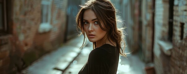 Obraz premium Young woman in a black outfit standing in a narrow alleyway, looking back under soft sunlight, creating a dramatic atmospheric scene.