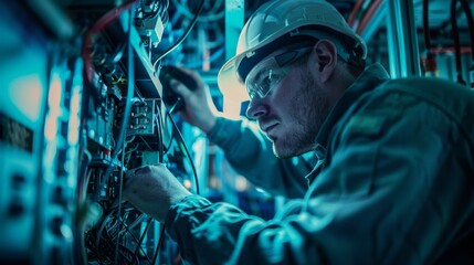 Electrician in a hard hat and safety glasses works on wiring in a fuse box, showcasing expertise and commitment in the electrical industry. The blue hues add professionalism to the image