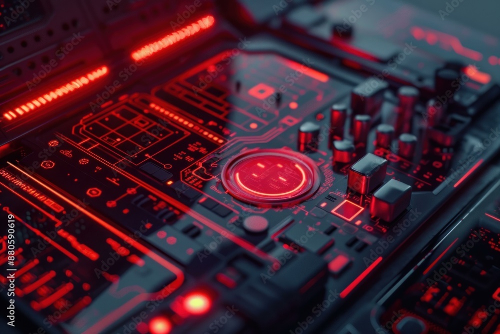 Poster red circuit board glowing showing microchip and button technology