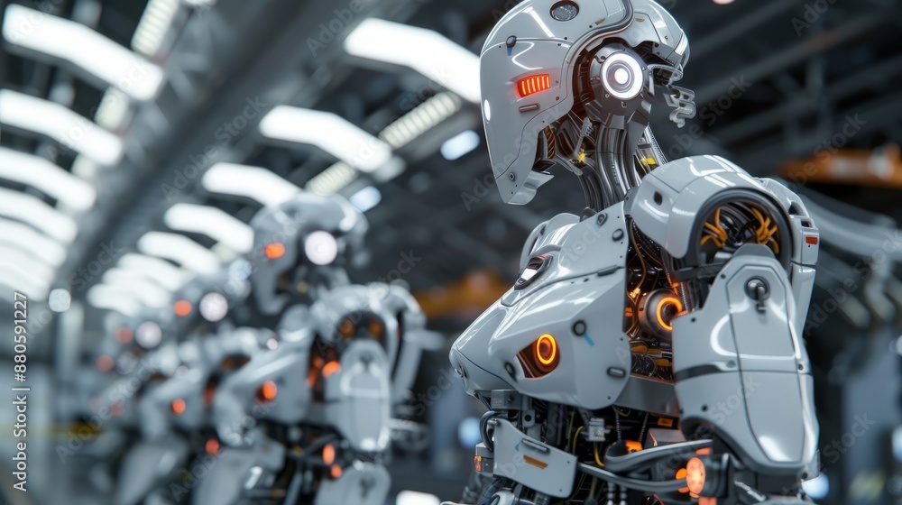 Poster mechanized industry robot and robotic arms for assembly in factory production - advanced automation 