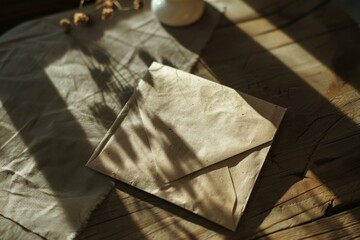 Sunlight casting shadows on a blank envelope lying on a wooden table next to a linen tablecloth