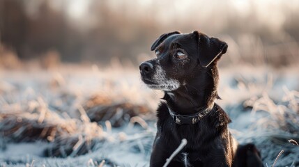 Portrait of a lovely small dark colored dog gazing ahead in a bright wintry field