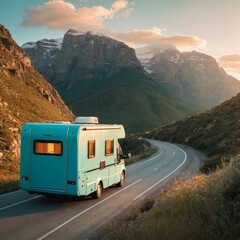 A turquoise motorhome on the road in the mountains. Generative ai.