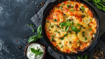 Potato casserole with cheese green onions served with sour cream and mint Vegetarian cuisine Blank area